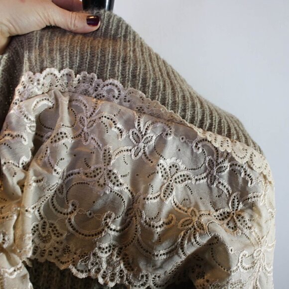 Makadamia Sweater Dress Lace Trim V Scoop Neck Acrylic Mohair Wool Tan B… - Picture 5 of 7